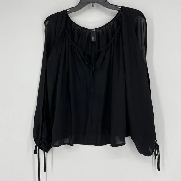 H&M Blouse Women's 4 Black Sheer Keyhole Round Neck Front Tie Split Long Sleeves - Picture 1 of 7